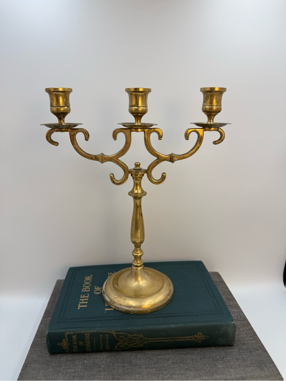 Brass Three-Arm Candelabra - Gold Finish, Heavy Patina